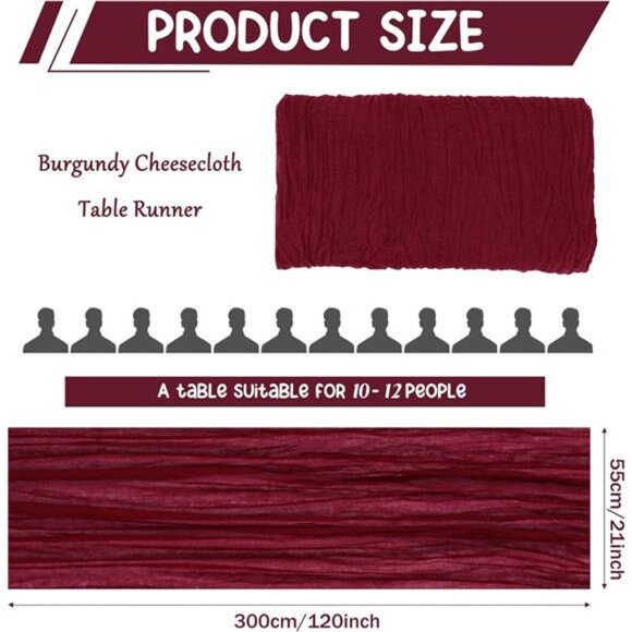 10 Pack Burgundy Cheesecloth Table Runner 10FT Boho Gauze Fabric Table Runner - Picture 2 of 7